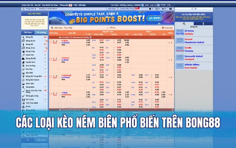 Các loại kèo ném biên phổ biến trên Bong88