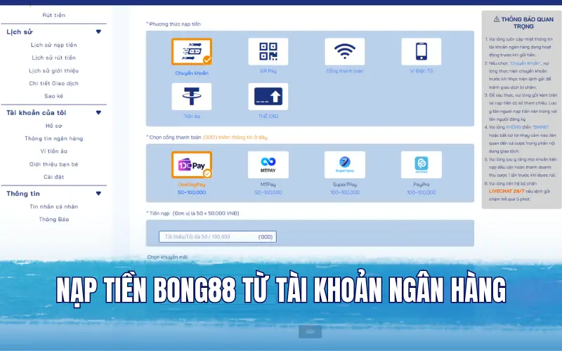 Nạp tiền Bong88 thông qua hình thức tài khoản ngân hàng