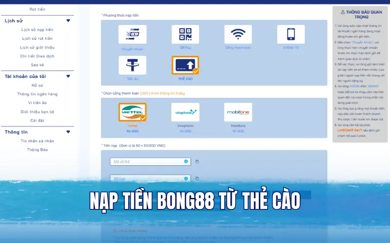 Nạp tiền Bong88 từ thẻ cào